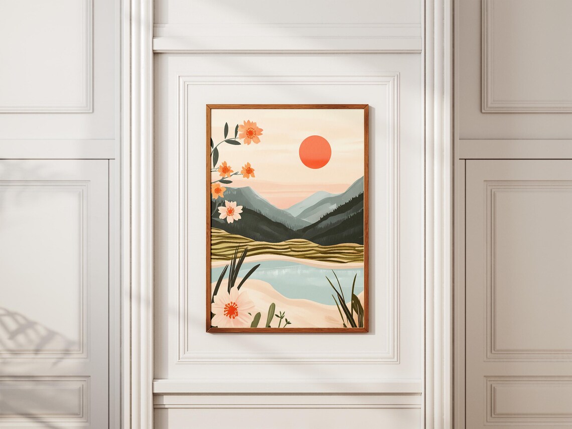 Red Sun Rice Terraces Boho Floral Mountain Blossom Landscape Poster - Image 2