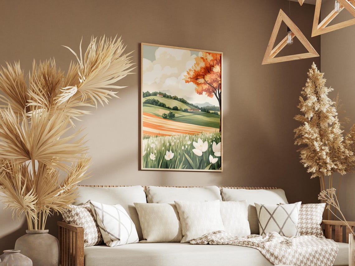 Spring Farm Countryside With White Flower Meadow Village Poster - Image 3