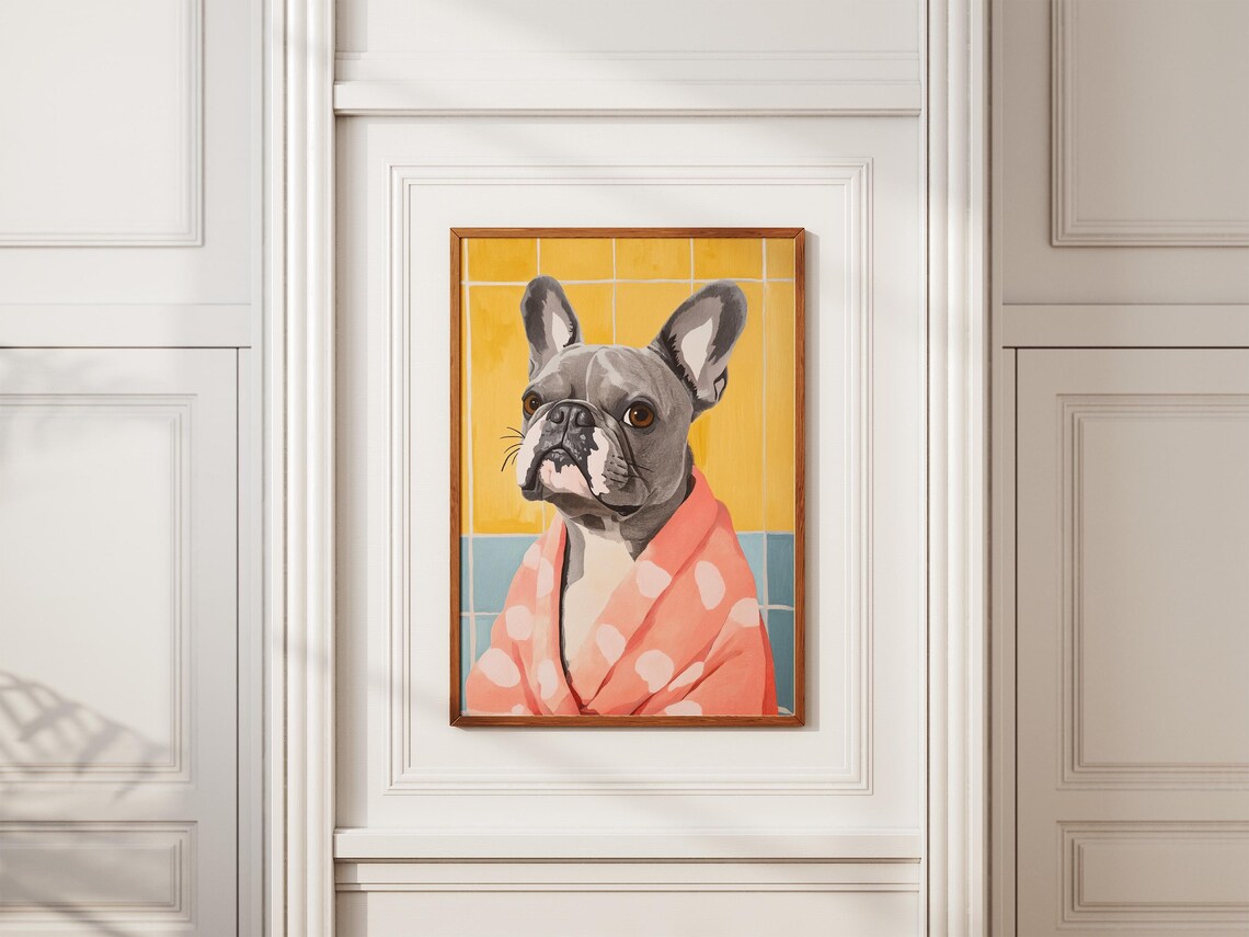 Adorable French Bulldog In Coral Polka Dot Bathrobe Dog Poster - Image 2