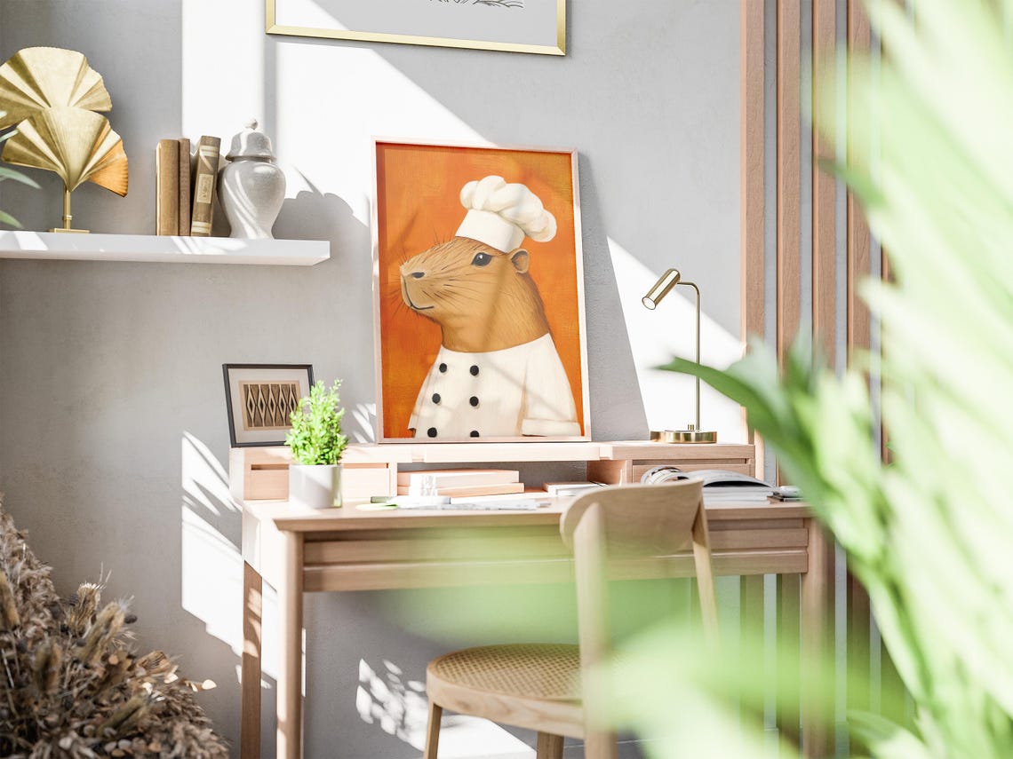 Capybara Chef Whimsical Animal Portrait Warm Orange Wall Poster - Image 2