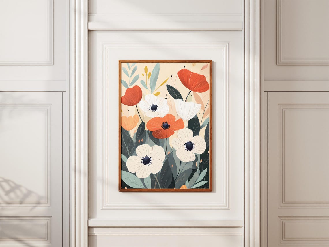 Red And White Anemone Blooms Modern Bohemian Botanical Poster - Image 2
