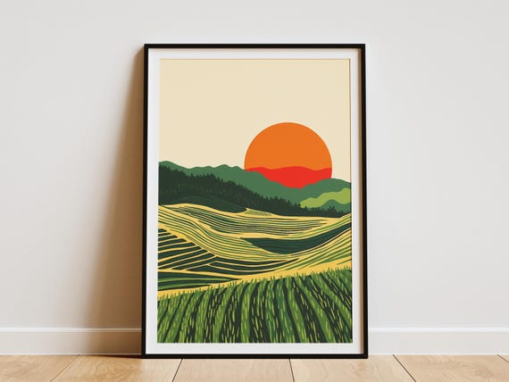 Sunrise Terraced Hills Landscape Print Farm Countryside Poster Nature Wall Art Modern Home Decor Green Yellow Orange Rural Scenery Artwork