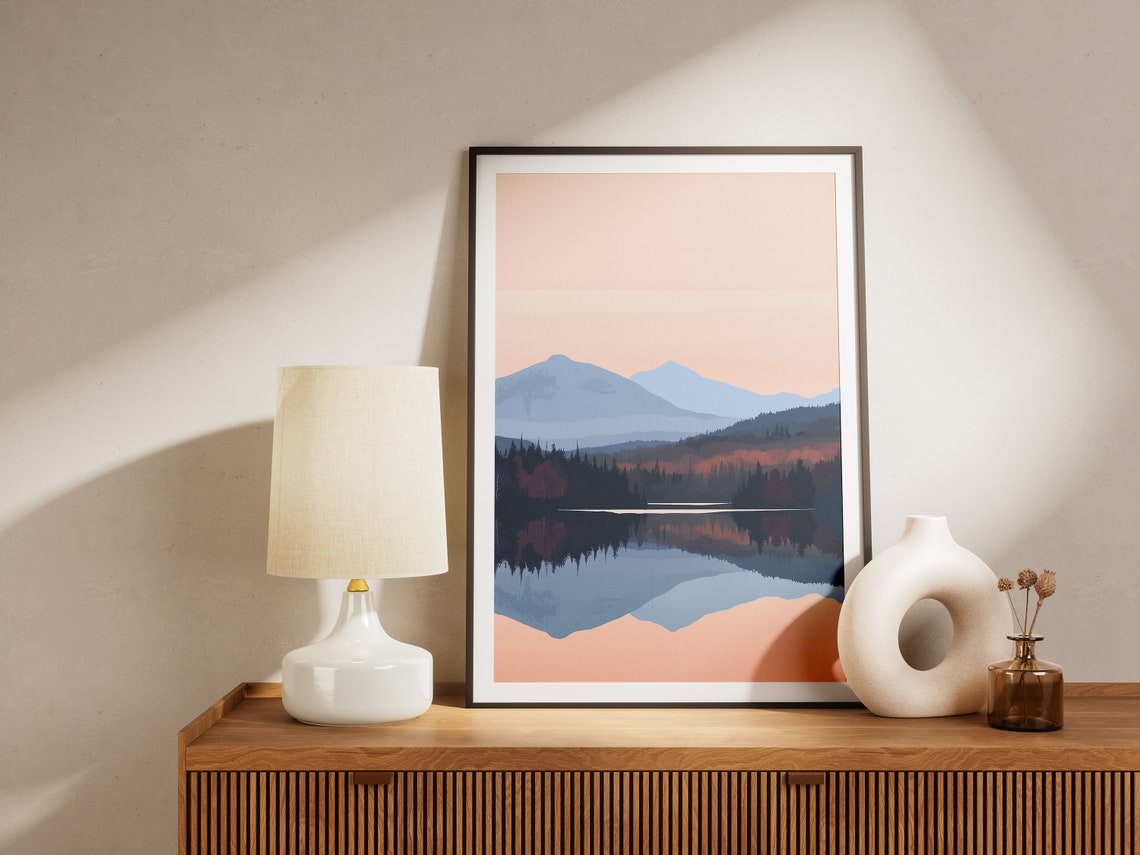 Still Mountain Lake Reflection Beneath a Soft Peach Sky Print - Image 2