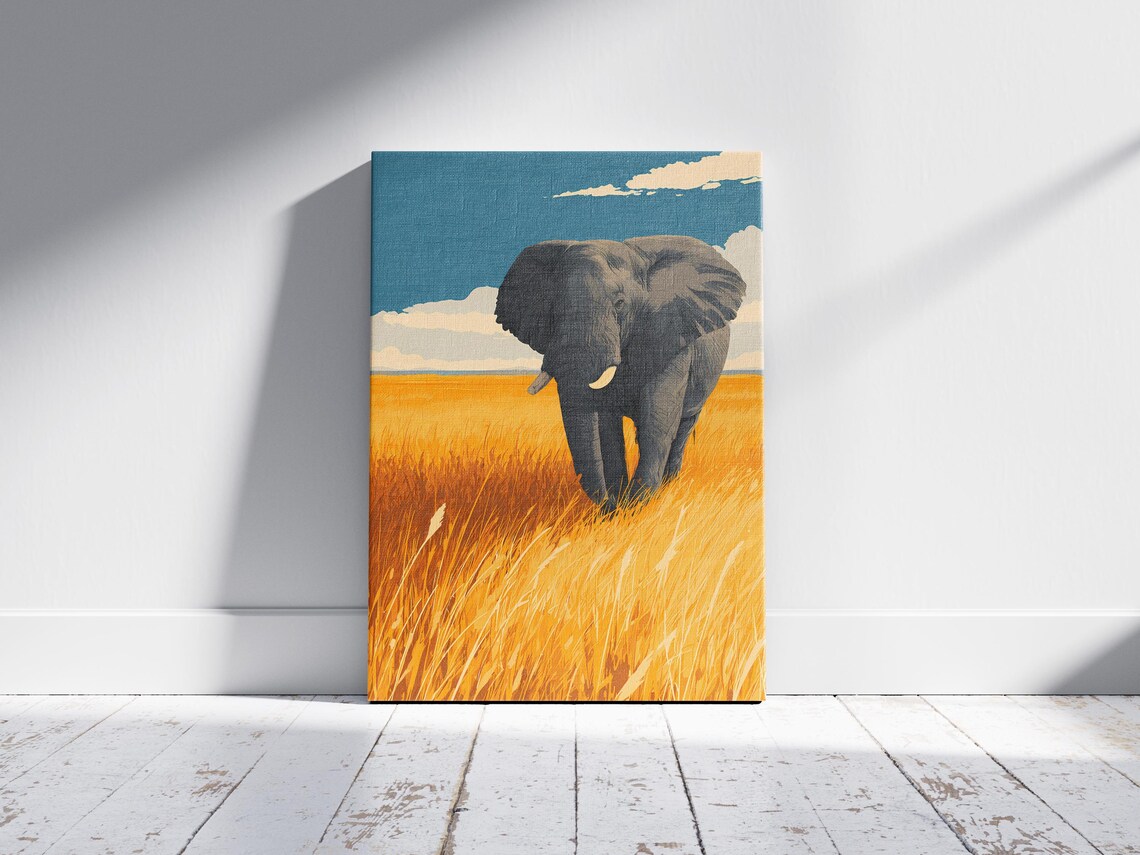 Majestic Elephant in Golden Grasslands Safari Wildlife Art Poster - Image 2