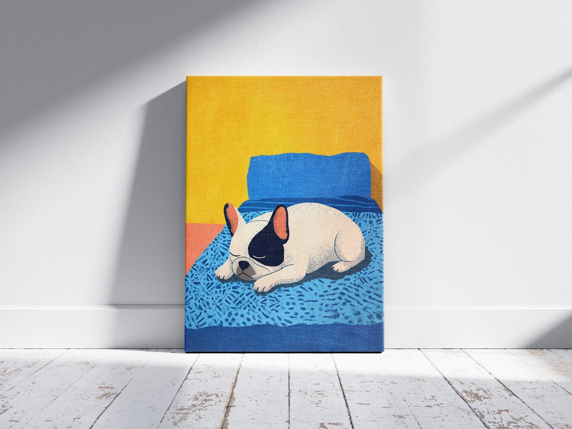 French Bulldog Sleeping Matisse Style Yellow Blue Modern Art Poster - Image 2
