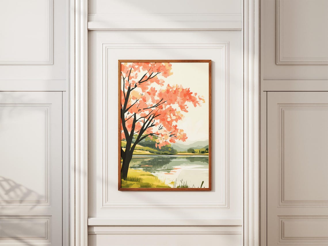 Pink Coral Blossom Tree Beside A Calm Spring Lake Landscape Poster - Image 2