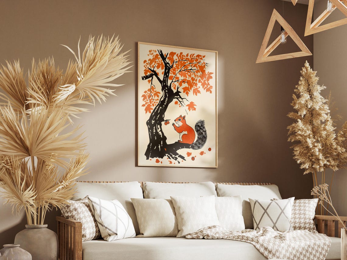 Red Squirrel With Acorns Under Orange Maple Tree Nature Poster - Image 3