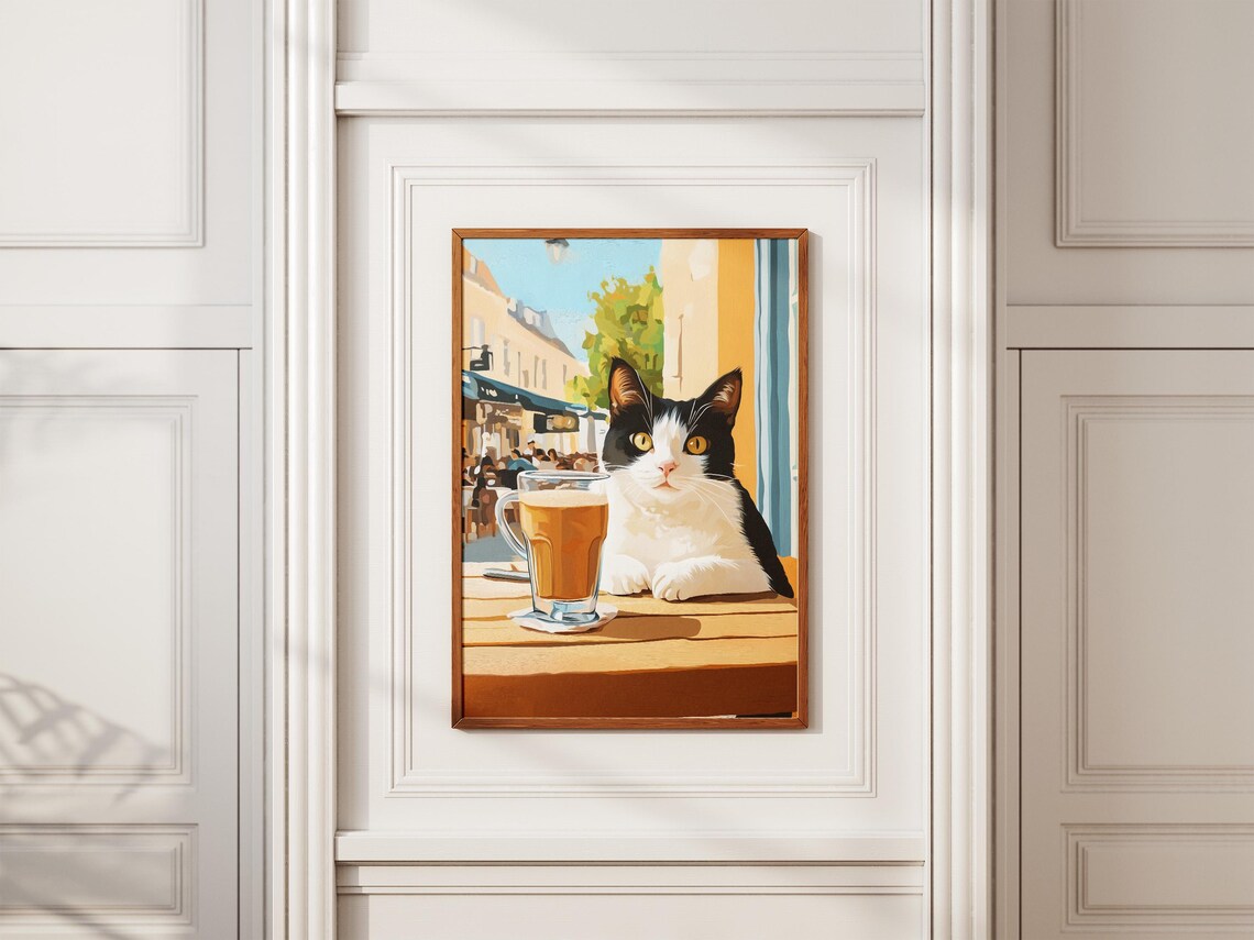 Tuxedo Cat at a Cafe Table with Tall Iced Drink Street Poster - Image 2