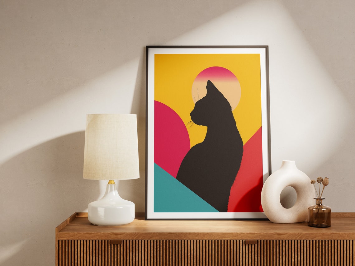 Black Cat Silhouette Against Radiant Sun Colorful Abstract Art Poster - Image 2