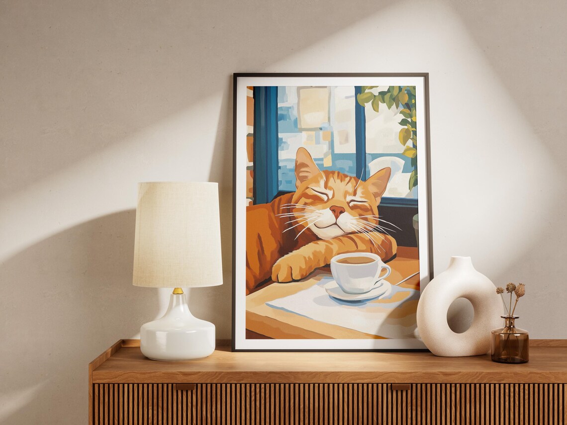 Blissful Orange Cat Resting Its Chin by a Cup of Coffee Poster - Image 4