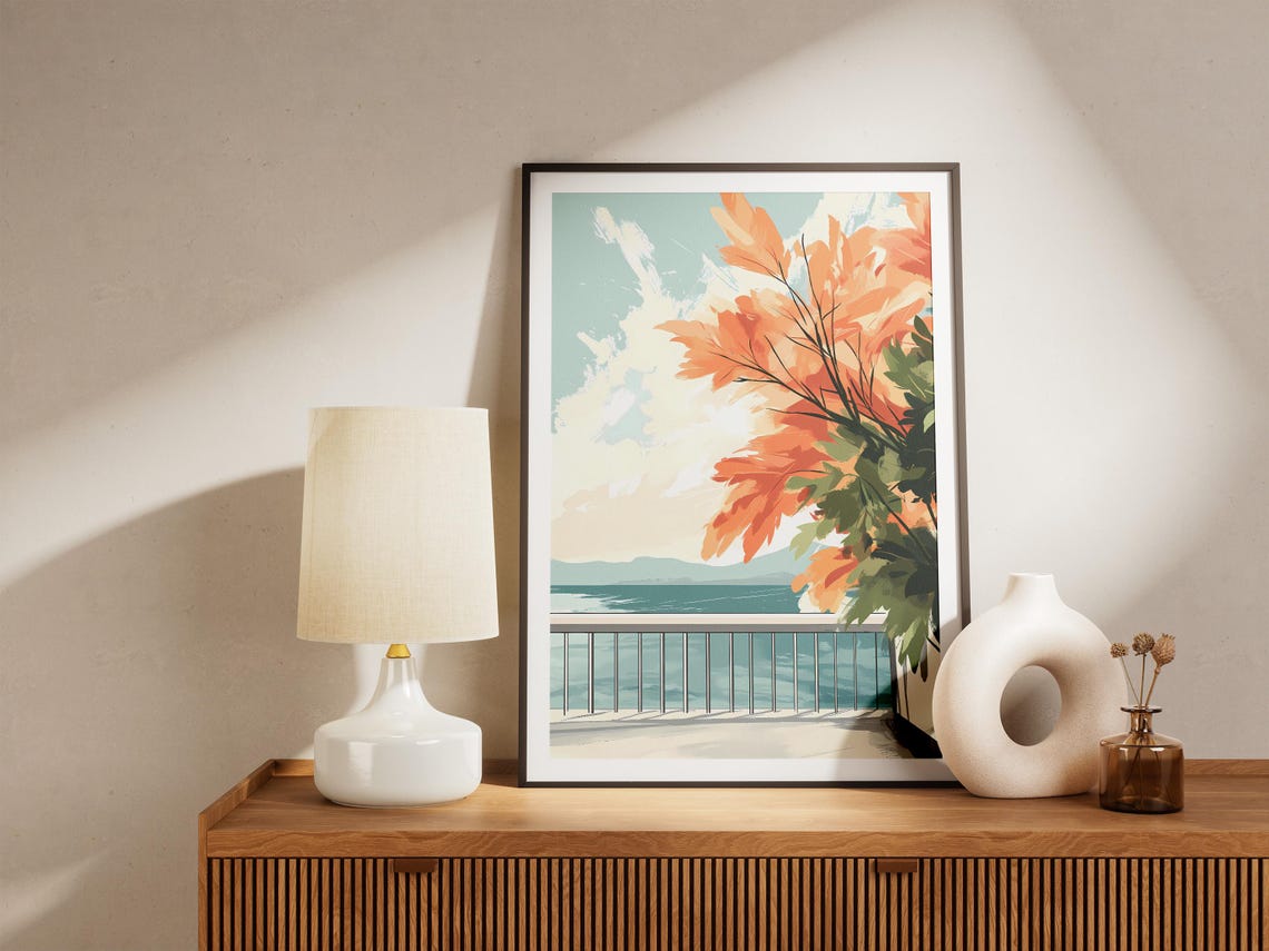 Coastal Balcony Overlooking the Sea With Orange Leaves Poster - Image 5