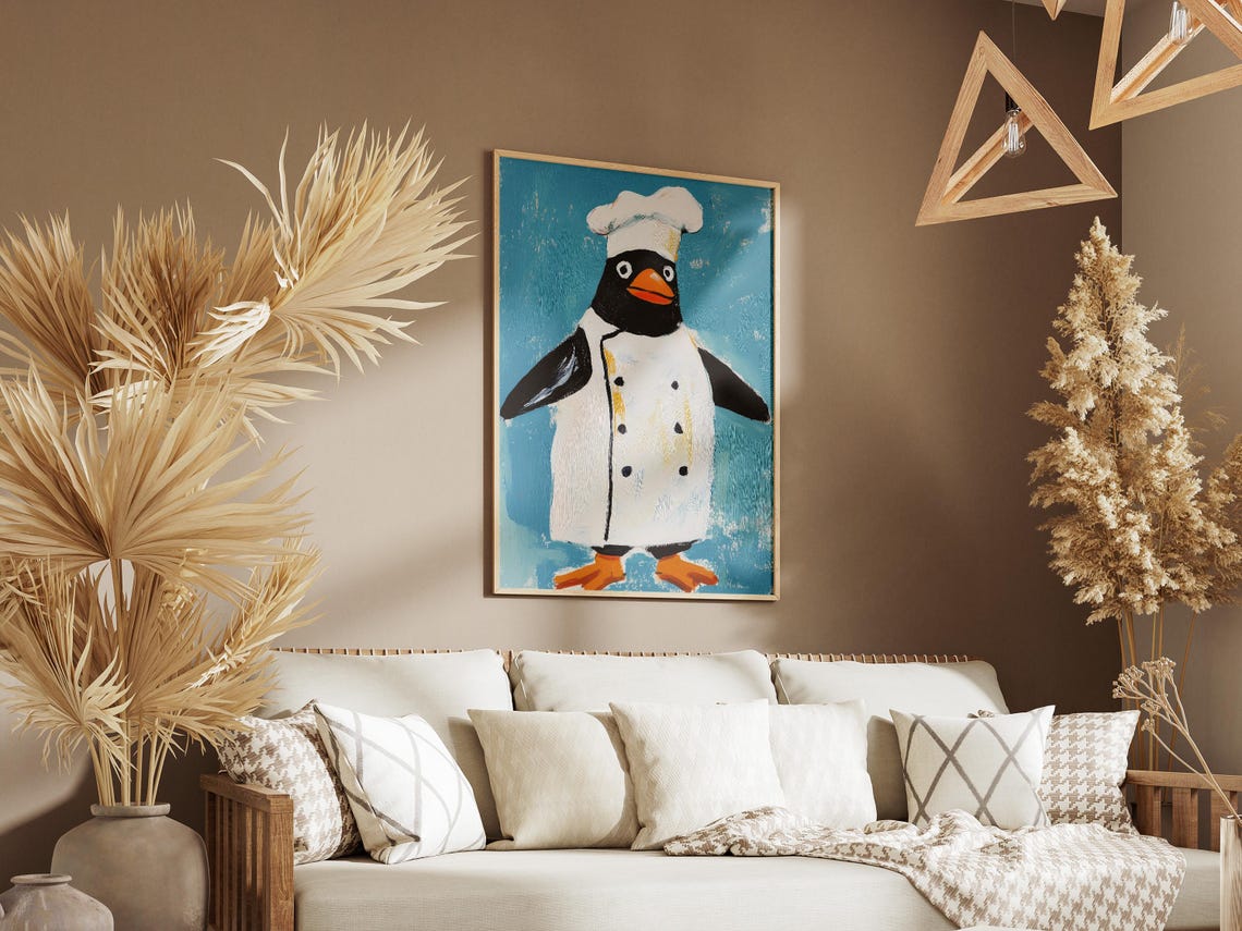 Penguin Chef Art Print Quirky Kitchen Wall Whimsical Poster Funny With Hat - Image 3