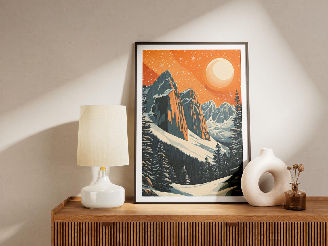 Rocky Mountain Winter Cliffs Under Orange Sunset Moon Poster - Image 5