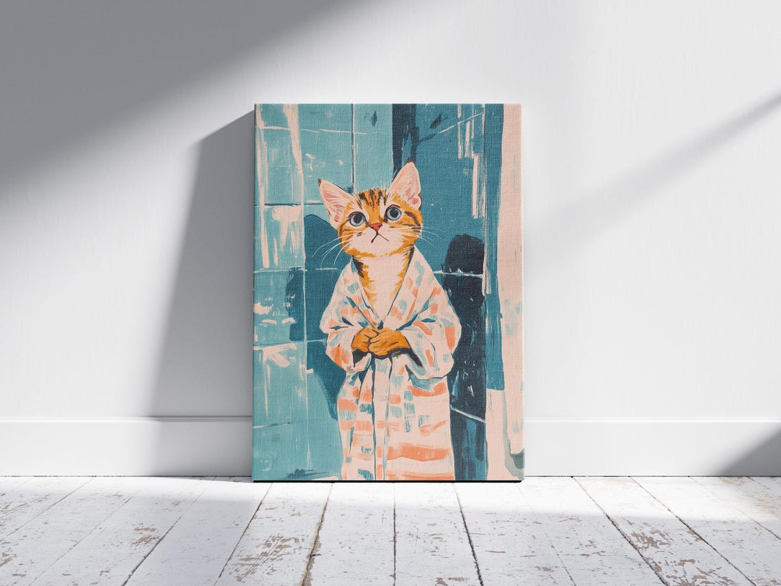 Orange Tabby Kitten in Bathrobe Painterly Cute Cat Art Poster - Image 2