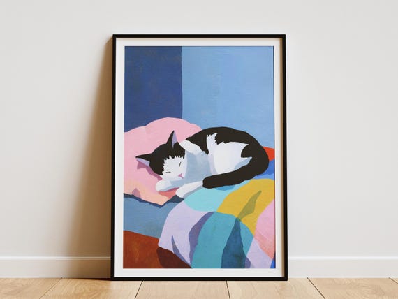 Whimsical Matisse Style Sleeping Cat Art Print Gouache Painting Abstract Pet Lover Wall Decor Cozy Feline Bedroom Poster