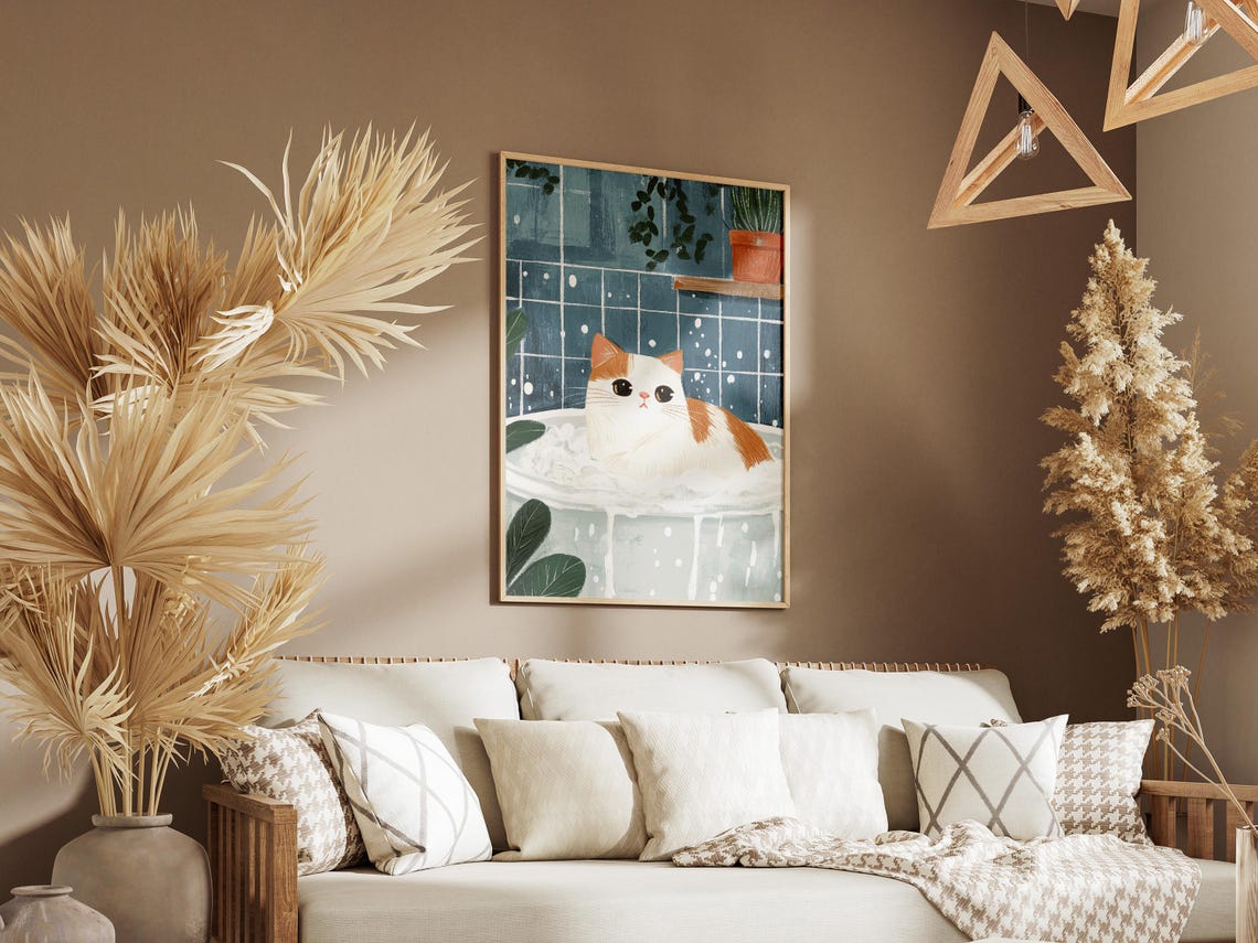 Sweet Orange White Cat Bubble Bath Botanical Bathroom Poster - Image 3