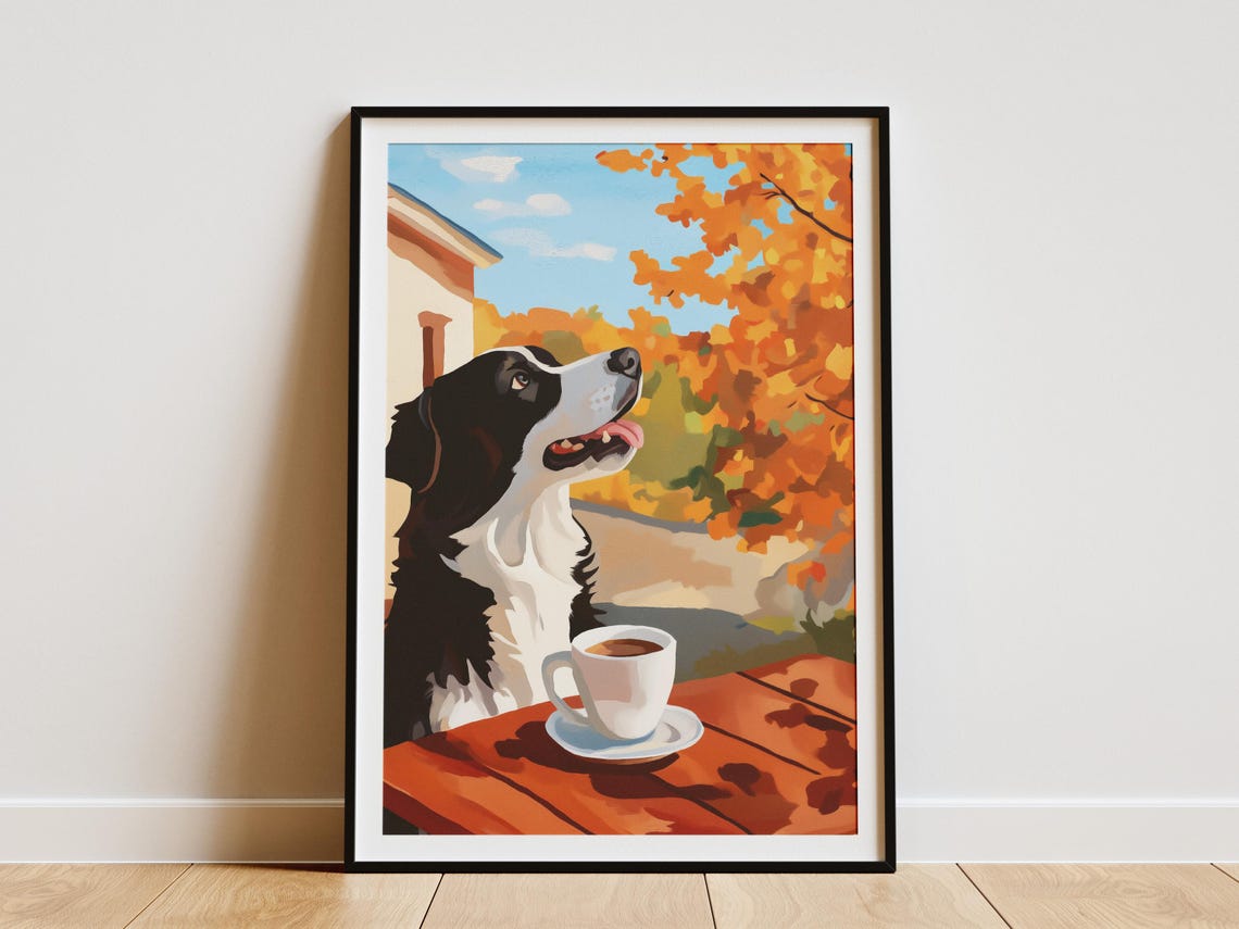 Border Collie with Coffee Under Glowing Autumn Trees Fall Dog Poster