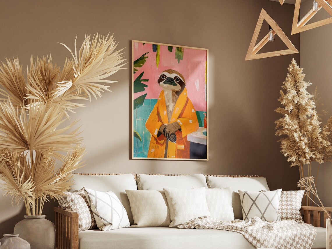Sloth in Orange Bathrobe Pink Wall Tropical Bathroom Art Poster - Image 3