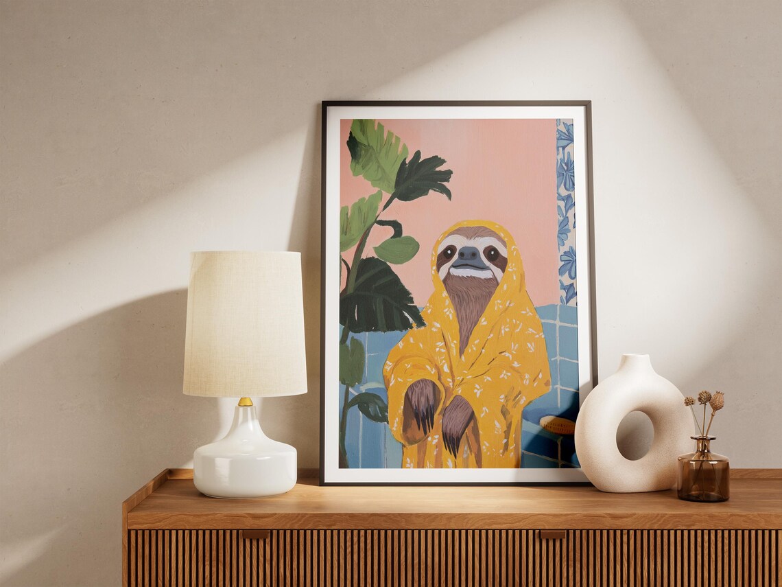 Sloth in Yellow Floral Bathrobe Tropical Bathroom Humor Poster - Image 5