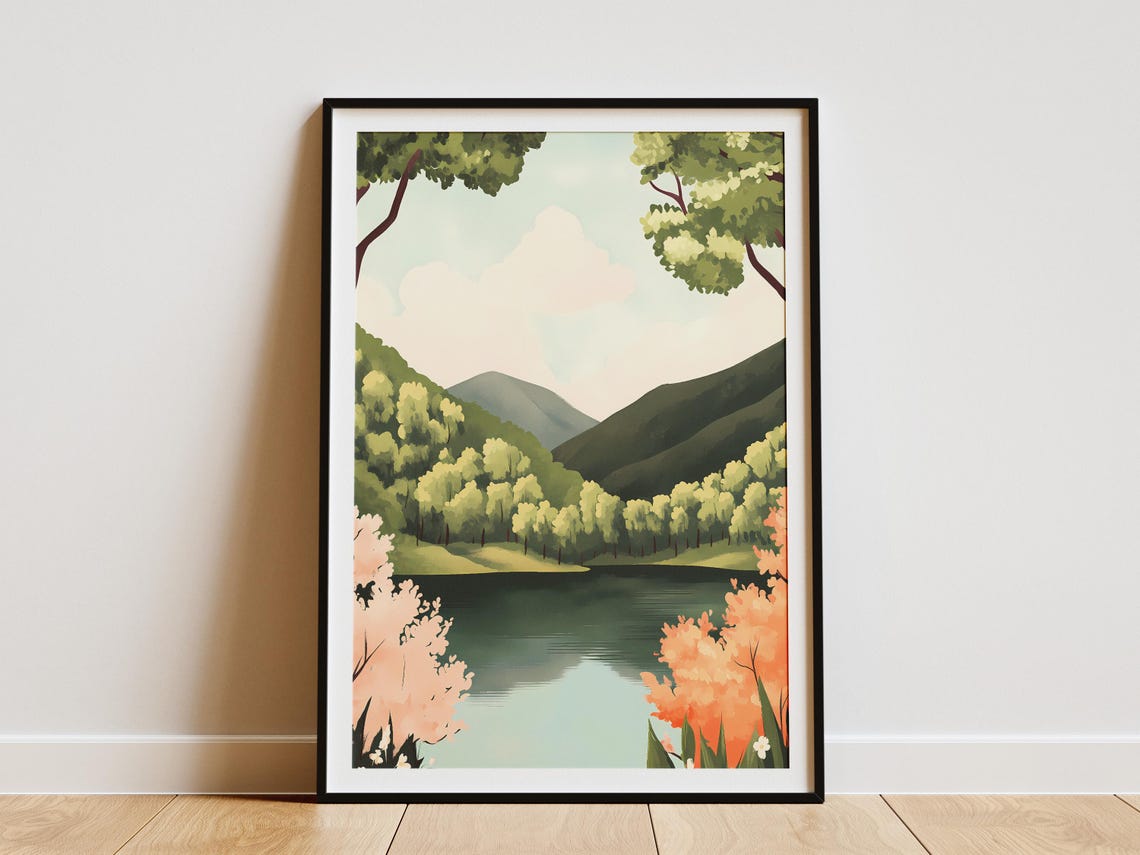 Spring Lake Between Green Hills Framed By Blossom Trees Poster