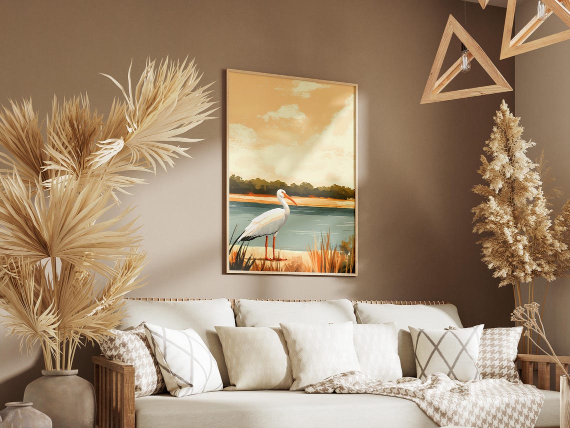 White Ibis Wading at a River Estuary Coastal Bird Art Poster - Image 3