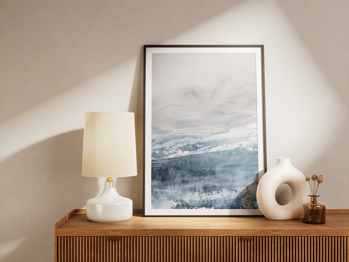 Misty Blue Grey Abstract Ocean Waves Watercolor Seascape Wall Art - Image 2