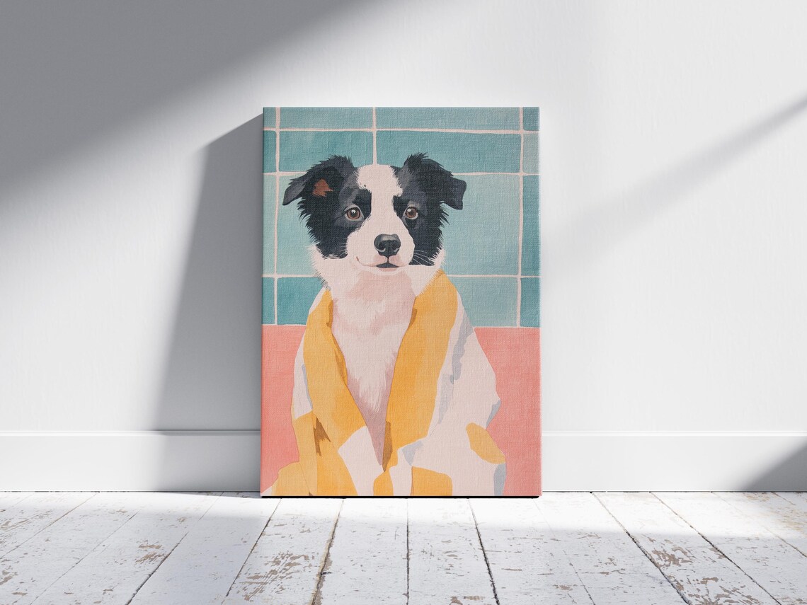 Border Collie Puppy in Sunny Yellow Robe Cute Dog Art Poster - Image 2