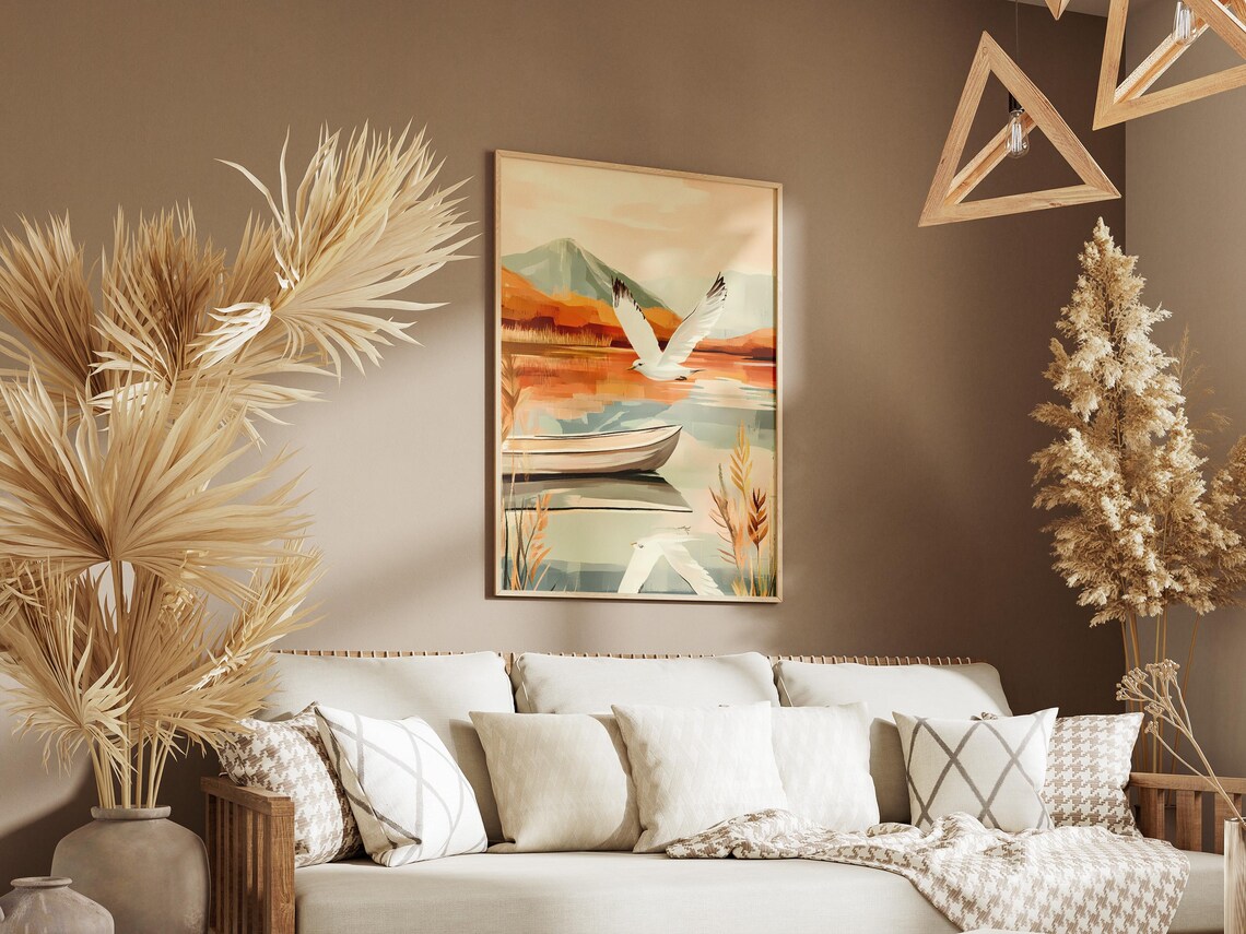 White Seagull Soaring Over a Wooden Canoe on an Autumn Lake Poster - Image 3