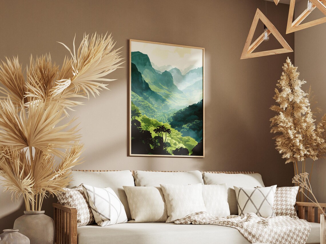 Lush Green Mountain Valley With Mist And Palm Trees Scenic Poster - Image 3