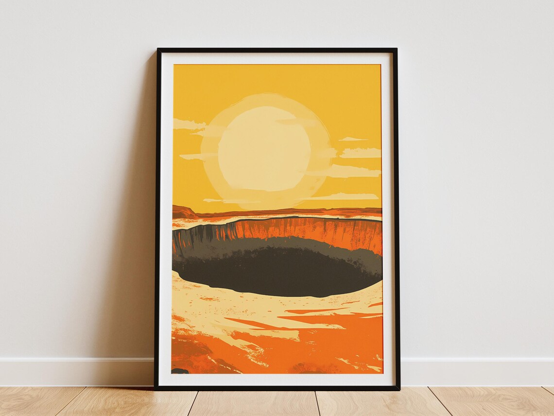 Turkmenistan Darvaza Gas Crater Posterorange Sunset Landscape Printabstract Travel Illustrationcentral Asia Artgeology Natureflat