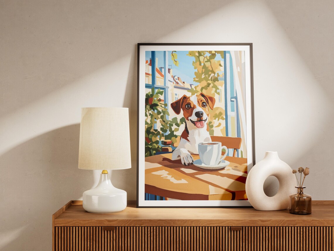 Happy Jack Russell Terrier Smiling with Coffee at Cafe Poster - Image 4