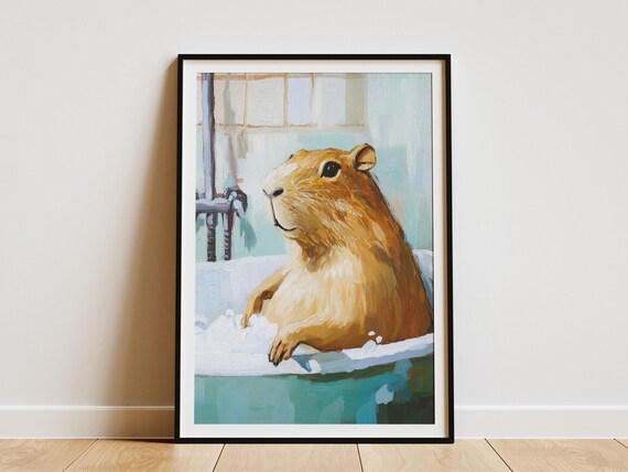 Cute Capybara In A Bathtub Funny Animal Poster Bathroom Art Modern Animal Print Unique Pet Print Impasto Painting Whimsical Wall Decor