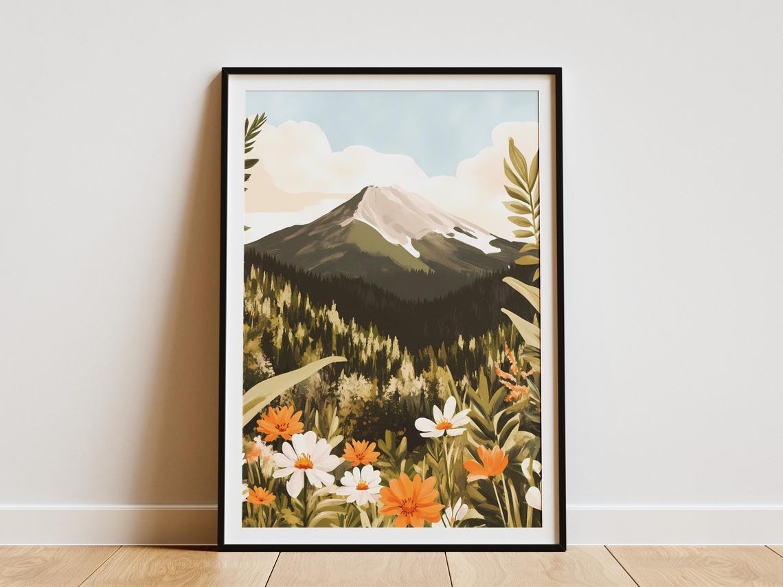 Snow Capped Mountain Peak Pine Forest Wildflowers Meadow Art Poster