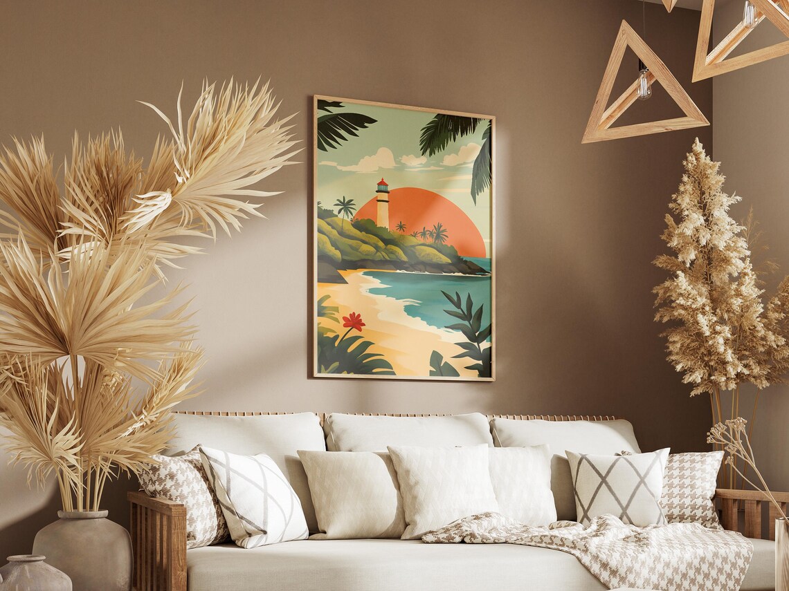Tonga Island Lighthouse Tropical Sunset Palm Beach Art Poster - Image 3