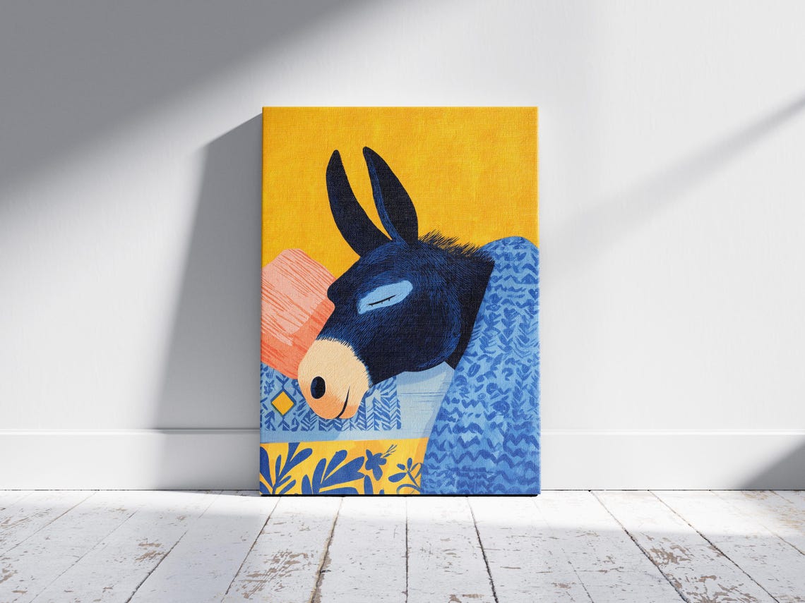 Whimsical Blue Donkey Sleeping In Bed, Matisse Style - Image 2
