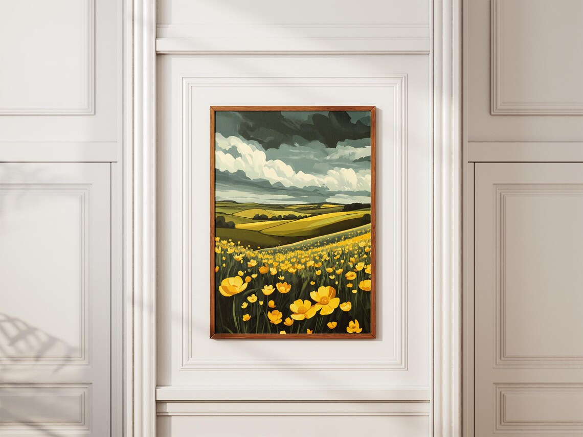 Buttercup Field Under Moody Clouds Golden Meadow Scene Poster - Image 2