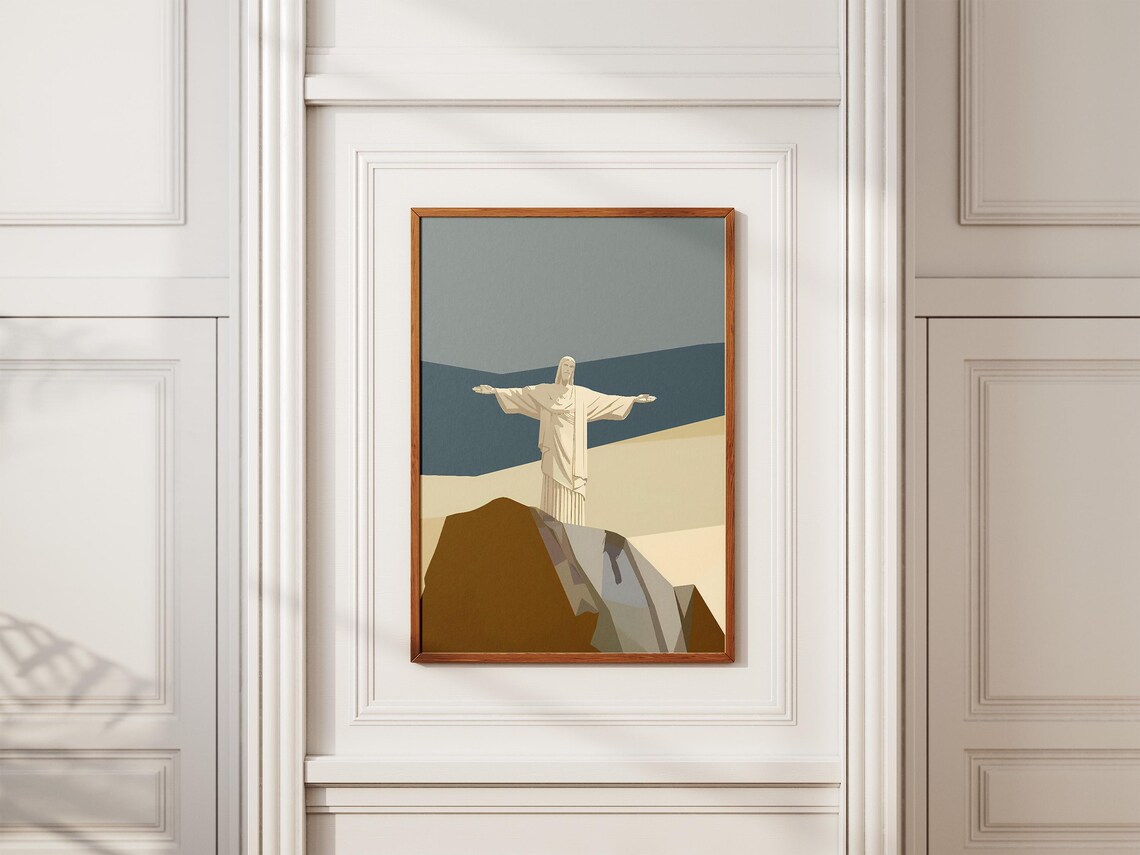 Christ the Redeemer Statue in Minimalist Beige and Blue Poster - Image 2