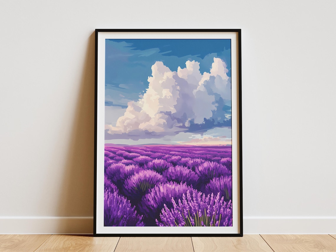Purple Lavender Field Stretching Under Cloudy Sky Floral Poster