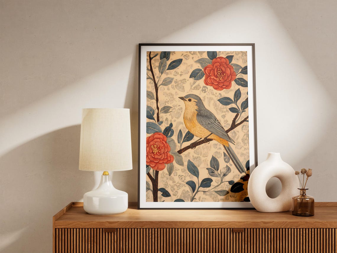Yellow Songbird Perched On Branch Red Camellia Flowers Poster - Image 5