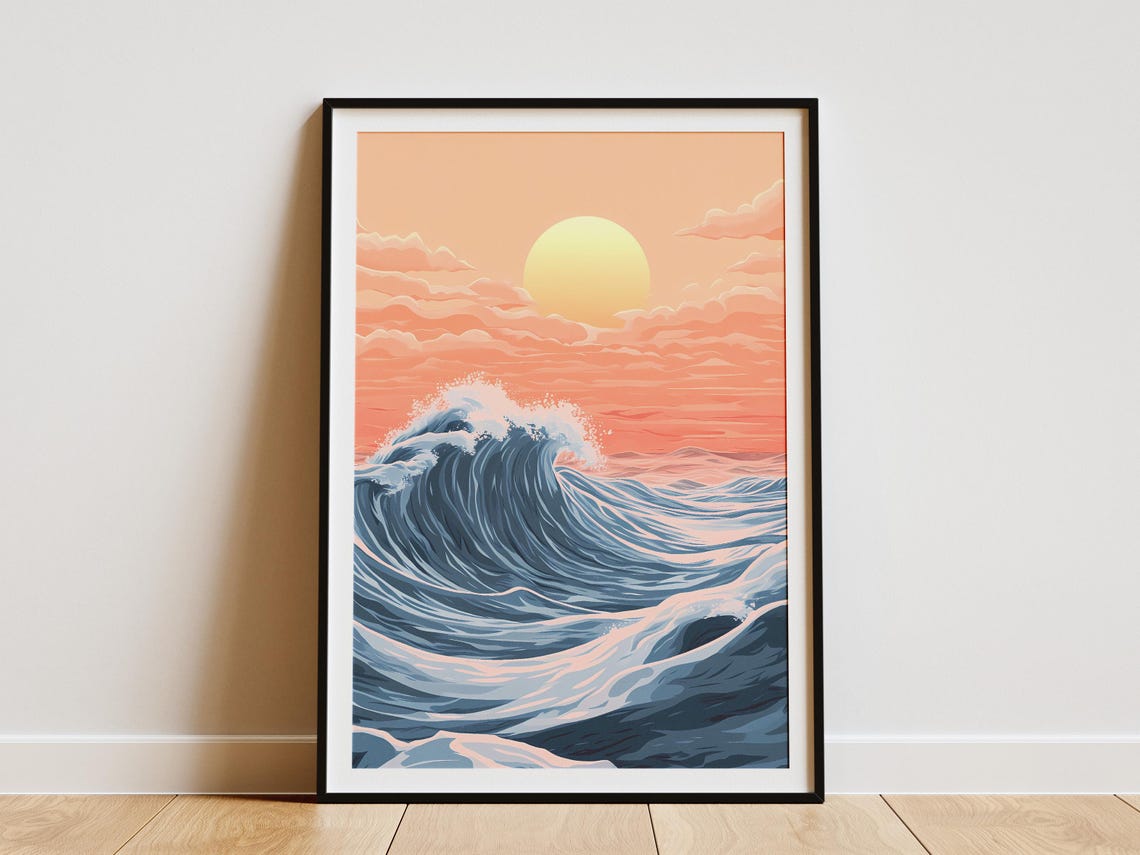 Curling Blue Ocean Wave Beneath a Glowing Pink Sunset Sky Poster