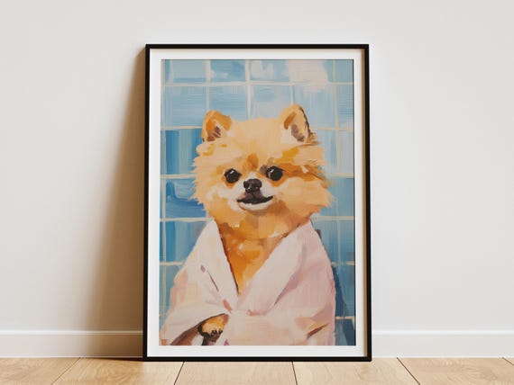 Pomeranian Puppy Dog Art Print In Bathrobe Poster Cute Animal Lover Gift Bathroom Wall Pet Portrait