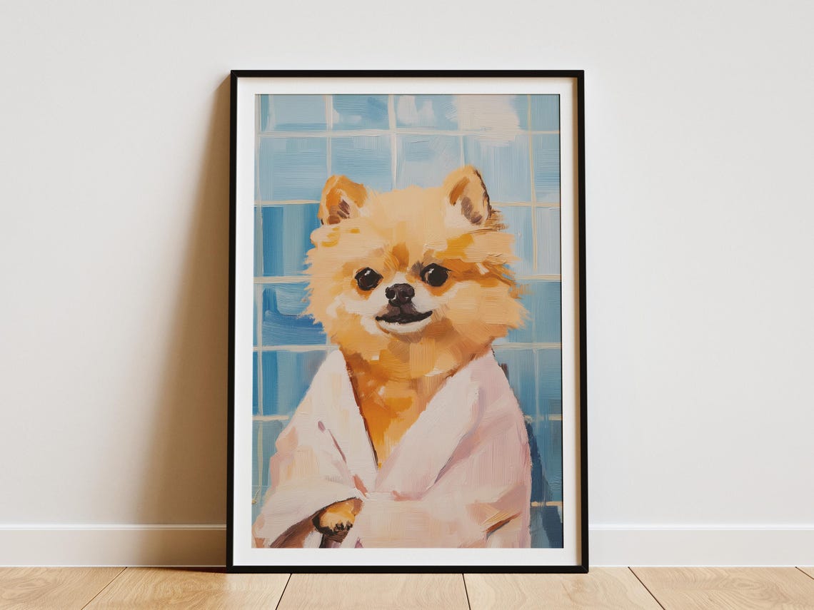 Pomeranian In White Bathrobe Poster Cute Fluffy Dog Bathroom Home Art