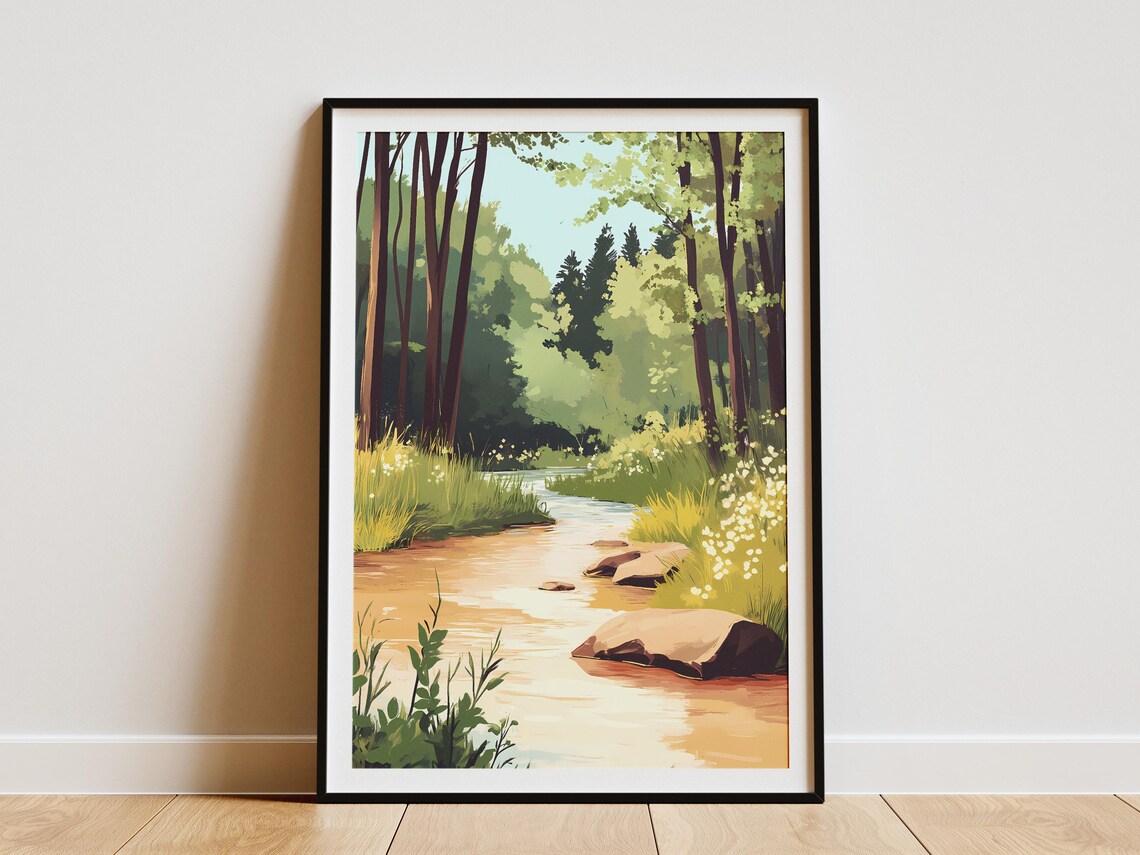 Sunlit Forest Stream Warm Water Tall Trees Wildflowers Nature Poster