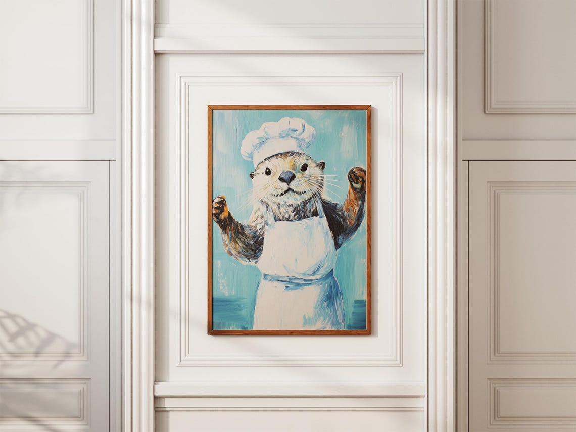 Joyful Otter Chef In White Apron Paws Raised On Teal Background Poster - Image 2