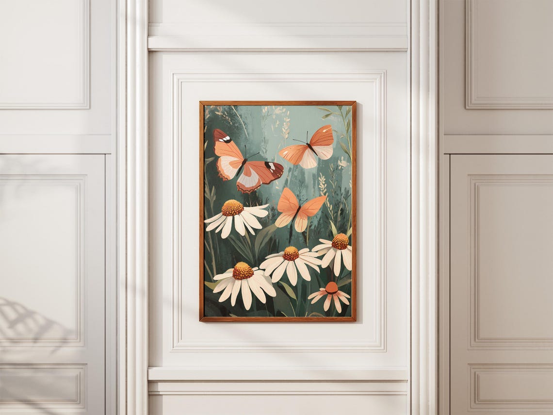 Orange Butterflies Over White Coneflowers Dark Botanical Poster - Image 2
