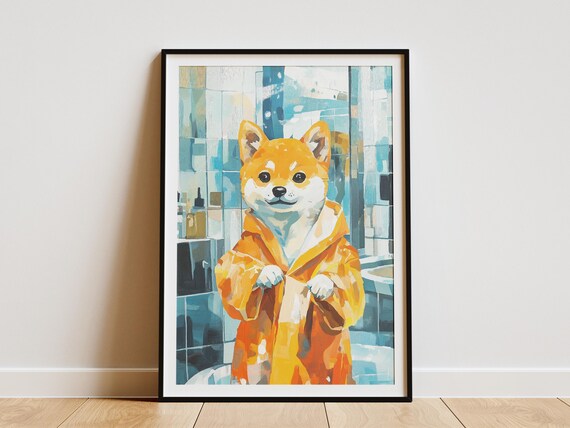 Happy Shiba Inu Puppy in Bright Orange Robe Modern Dog Art Poster