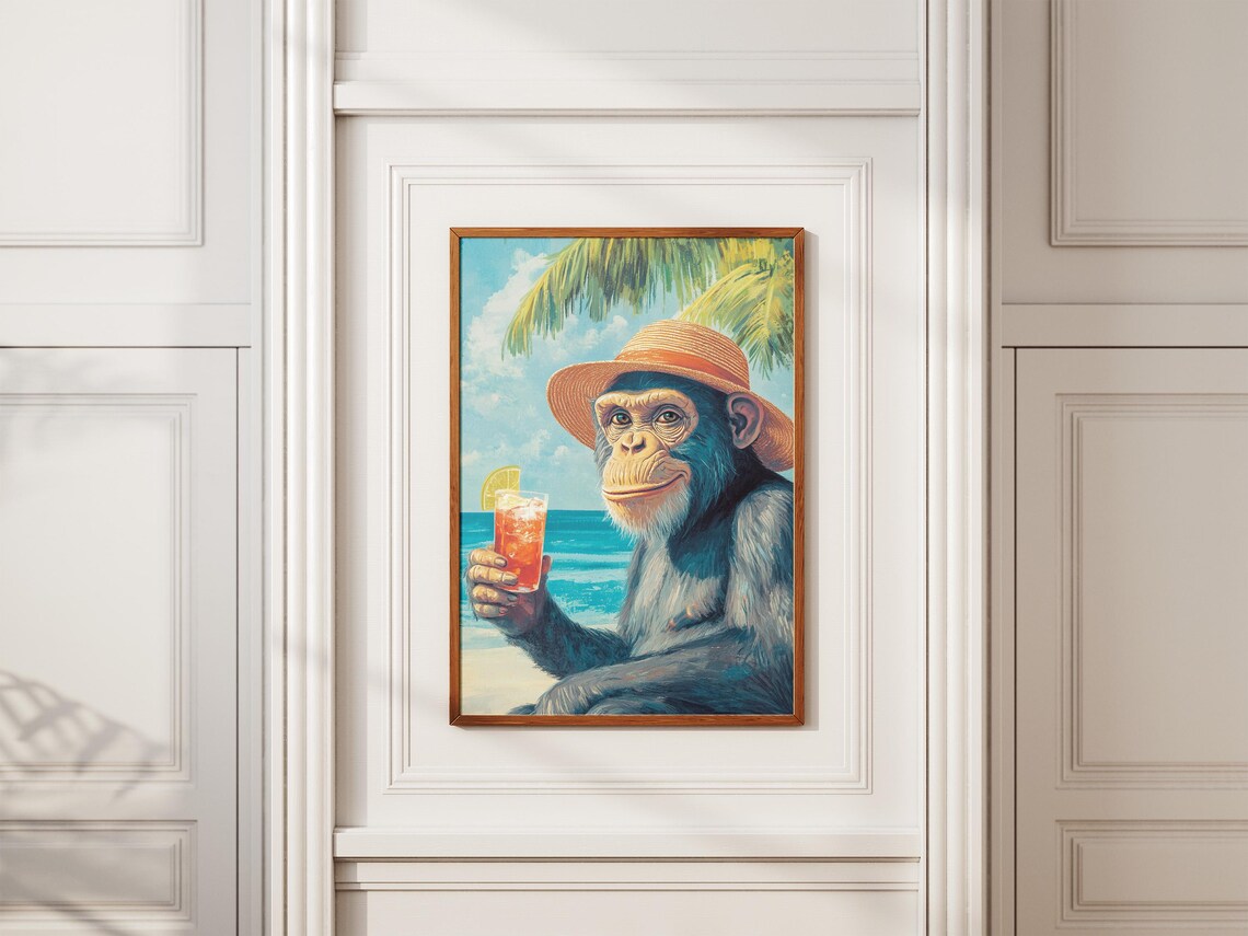 Chimpanzee In Straw Hat Holding Cocktail On Sunny Beach Poster - Image 2