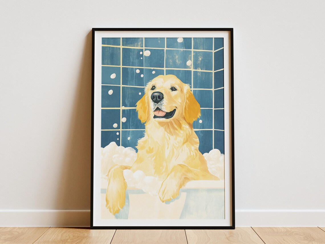 Golden Retriever Bubble Bath Smiling Happy Blue Tile Dog Poster