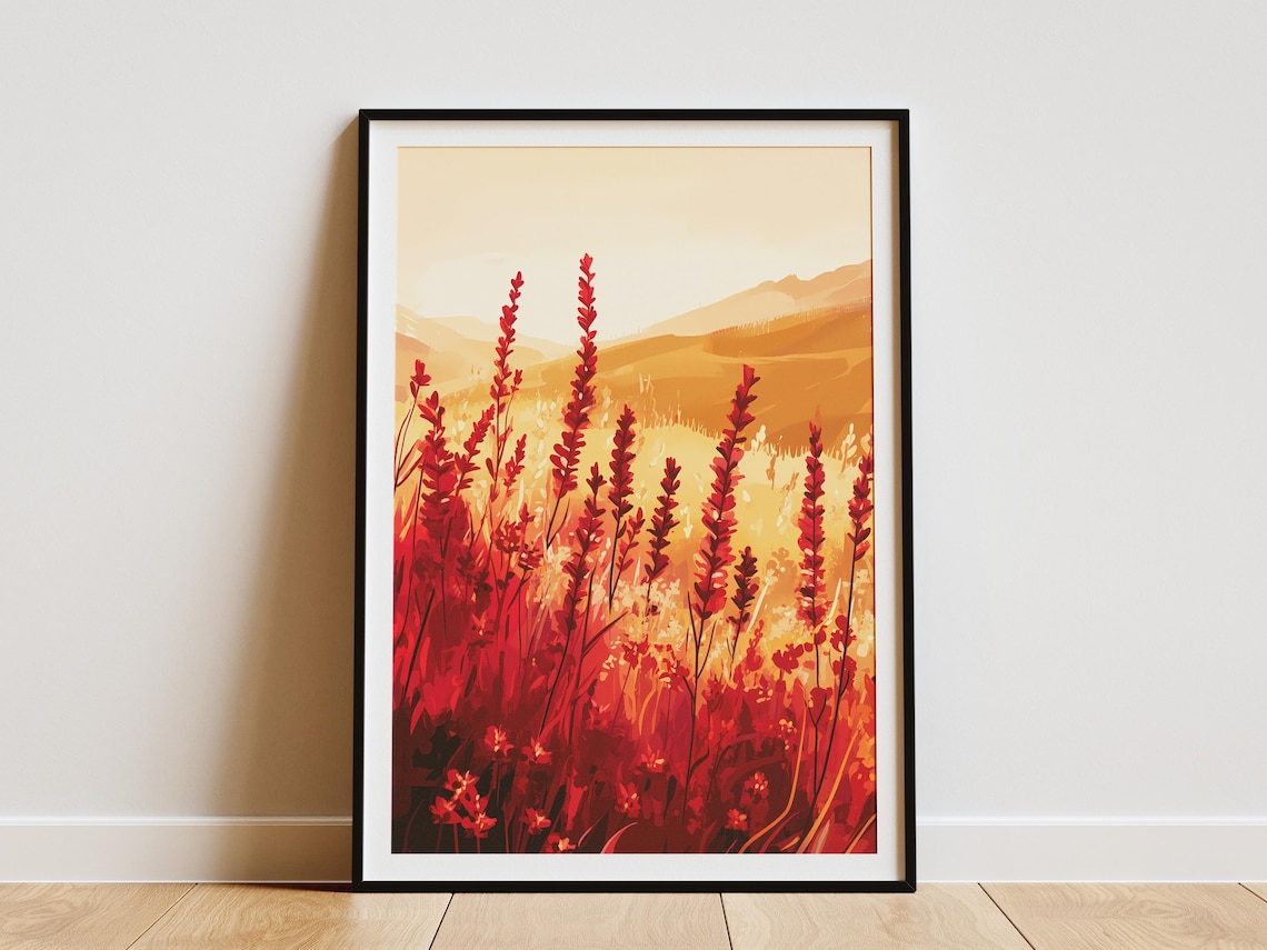 Scarlet Salvia Field Sunrise Red Meadow Golden Light Art Poster