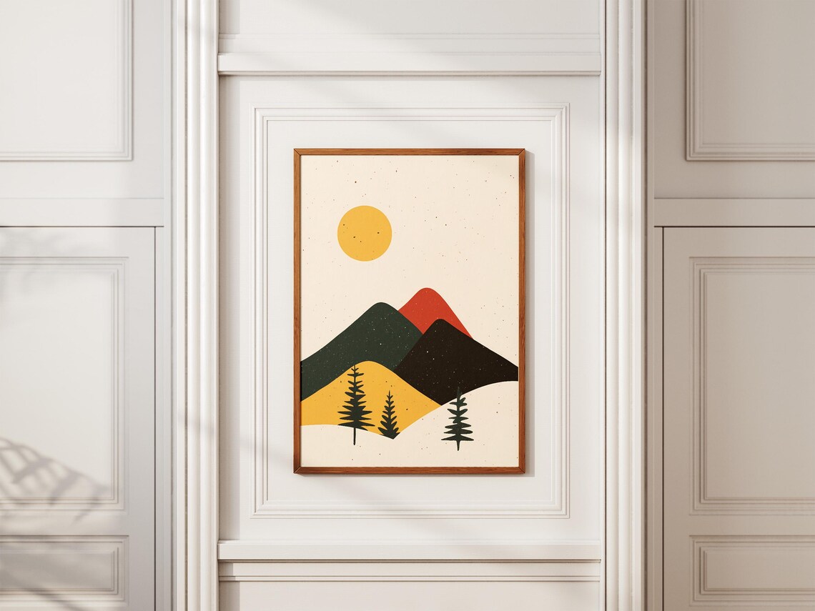 Abstract Mountain Landscape Christmas Poster with Yellow Sun - Image 2
